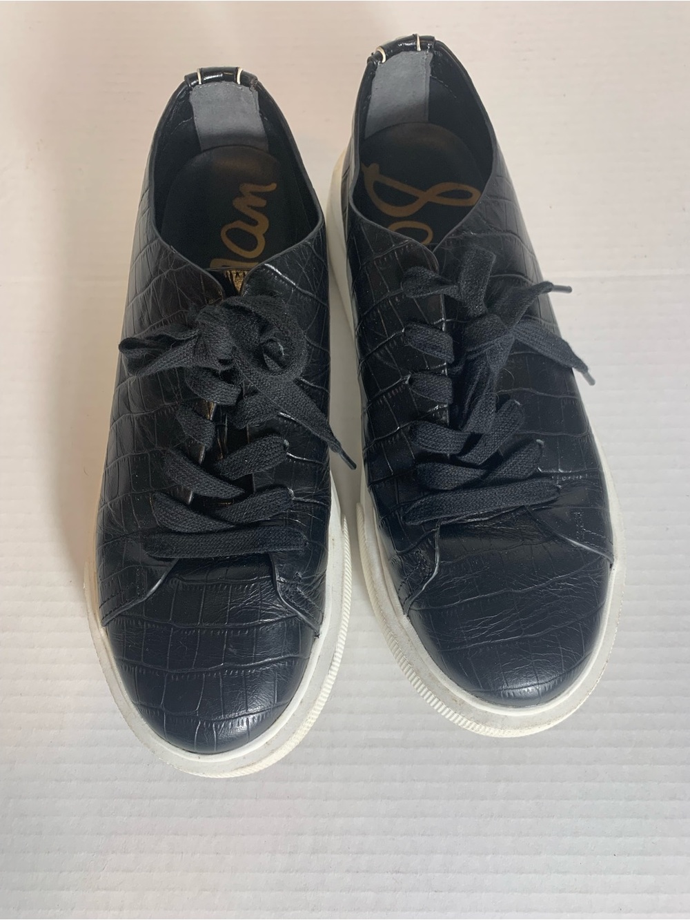 Sam Edelman Black Croc-Embossed Lace-Up Sneakers with White Sole